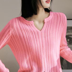 秋冬法式精纺羊毛圆领长袖针织衫女时尚镂空条纹时尚打底上衣