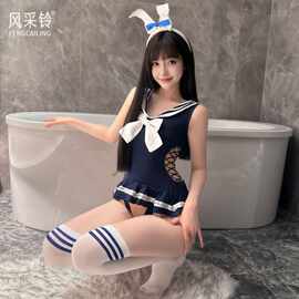 可爱禁欲系校园兔女郎制服免脱诱惑泳衣女绑带连体衣裙F139