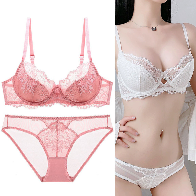 Cross-Border Sexy Lace Lingerie for Women, Thin Bra for Large Busts, Breathable Underwire Bra Set for Small Busts, Push-Up Bra Set