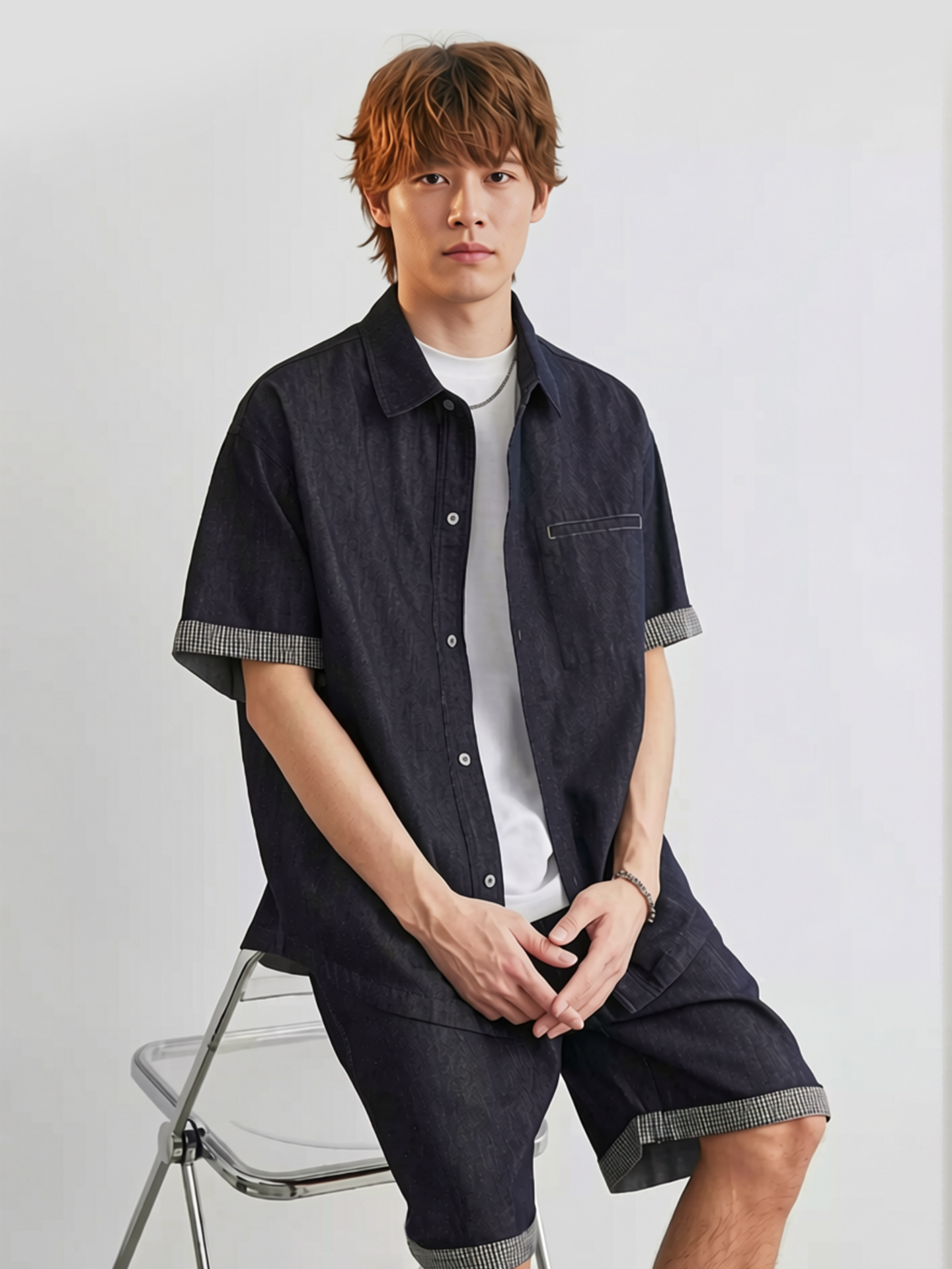 Bộ đồ denim nam 2 mảnh áo sơ mi ngắn tay quần short — màu xanh
