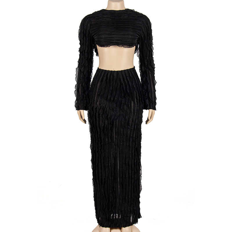 Autumn Solid Color round Neck Long Sleeves Cropped Top Sheath Dress Women Suit