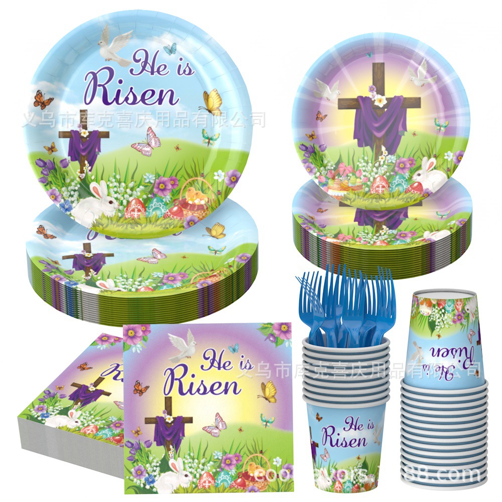 Pascua Cruz Holy Light Theme Bandeja de papel desechable Taza de papel Toallas de papel Mantel Suministros de vajilla Decoración navideña