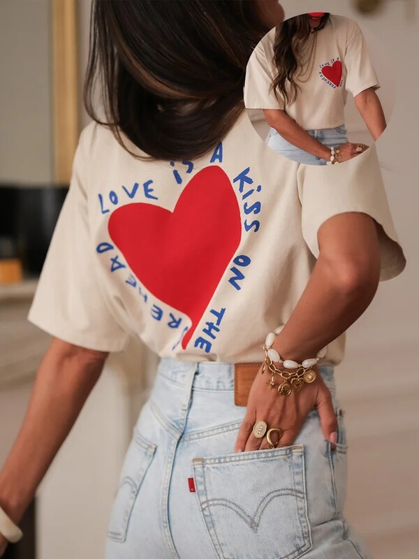 Women's Casual Crew Neck Short Sleeve Geometric Heart Print Regular All-Season Comfortable T-Shirt Casual Clothing Aesthetics Women's Casual Crew Neck Short Sleeve Geometric Heart Print Regular All-Season Comfortable T-Shirt Casual Clothing Aesthetics