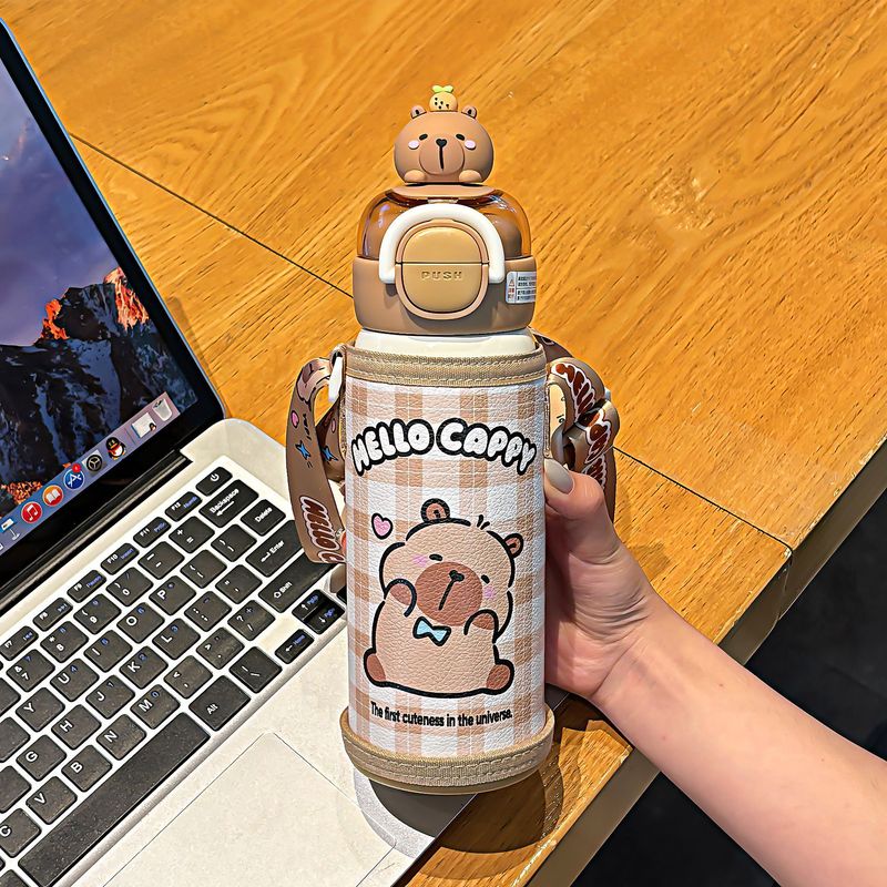 かわいいカピバラチェック柄魔法瓶カップセットデザインロック調節可能なカップロープポータブルワンカップダブルドリンクカップ|undefined