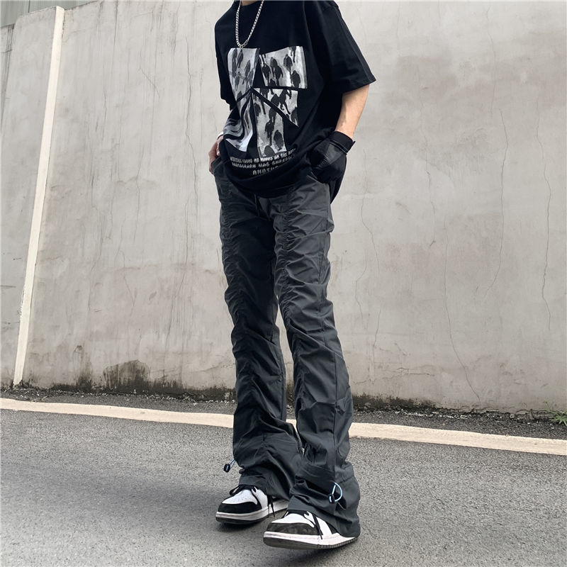 High Street Functional Vibe Style Folded Stacked Micro Horn Long Pants for Men's American Slim Fit Street Instagram Versatile Casual Pants_voghion.com