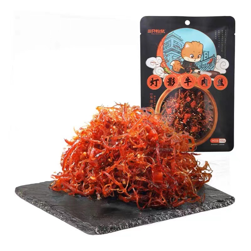 10月产三只松鼠麻辣味灯影牛肉丝100g网红零食特产即食牛肉小包装
