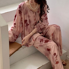 夏季新中式国风甜美棉绸长袖睡衣女春秋新款人造棉家居服绵绸套装