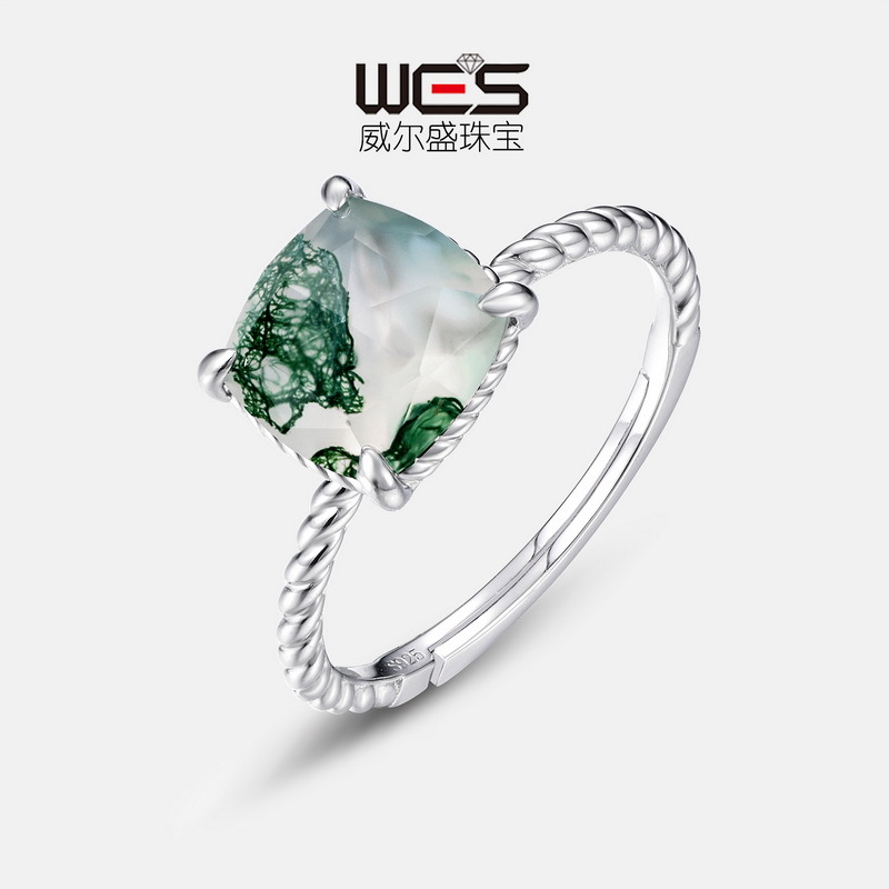 Anillo de flor de cáñamo transfronterizo con incrustaciones de pared Anillo de ágata de hierba de agua S925 Anillo de apertura de piedra de musgo verde natural de plata Atmósfera europea y americana