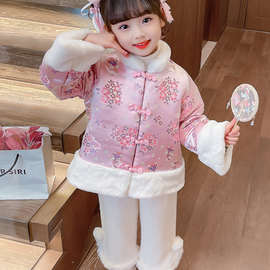 女童中国风汉服冬季套装2023新款儿童复古旗袍夹棉加厚冬装拜年服