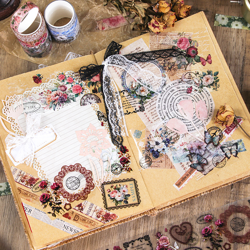 Explosiones transfronterizas de 12 rollos retro y papel conjunto de cinta adhesiva decoración DIY pegatinas de cuentas de mano decoración pegatinas de material de base