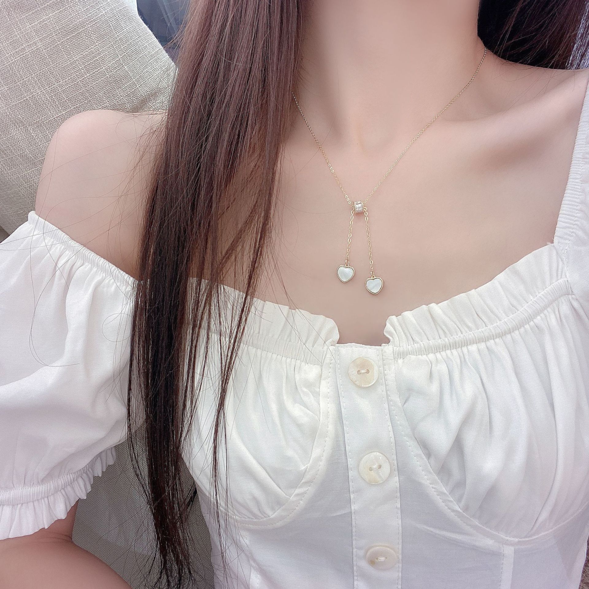 Sweet Heart Shape Titanium Steel Inlay Rhinestones Shell Pendant Necklace 1 Piece