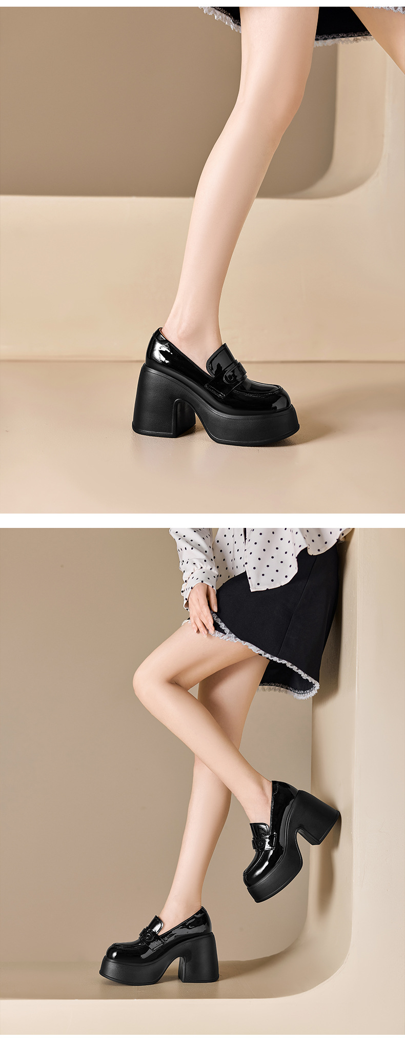 Giày loafer nữ gót vuông cao 10 cm da thật cổ sâu phong cách JK — màu đen, màu trắng ngà chi tiết 8