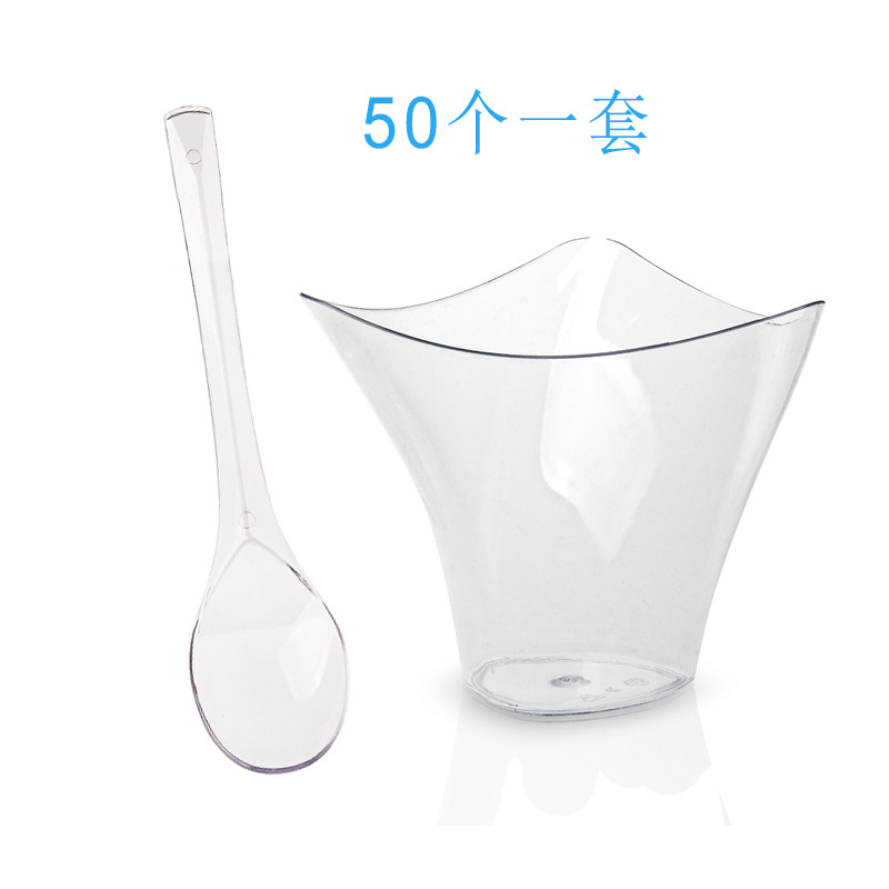 Taza de mousse de 100ml PS de plástico transparente 3,4 oz taza de pudín en caja taza irregular con cuchara en stock transfronterizo