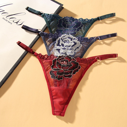 Japanese embroidered floral hottie thong breathable mesh sexy hot low waist adjustable strap women's large size panties