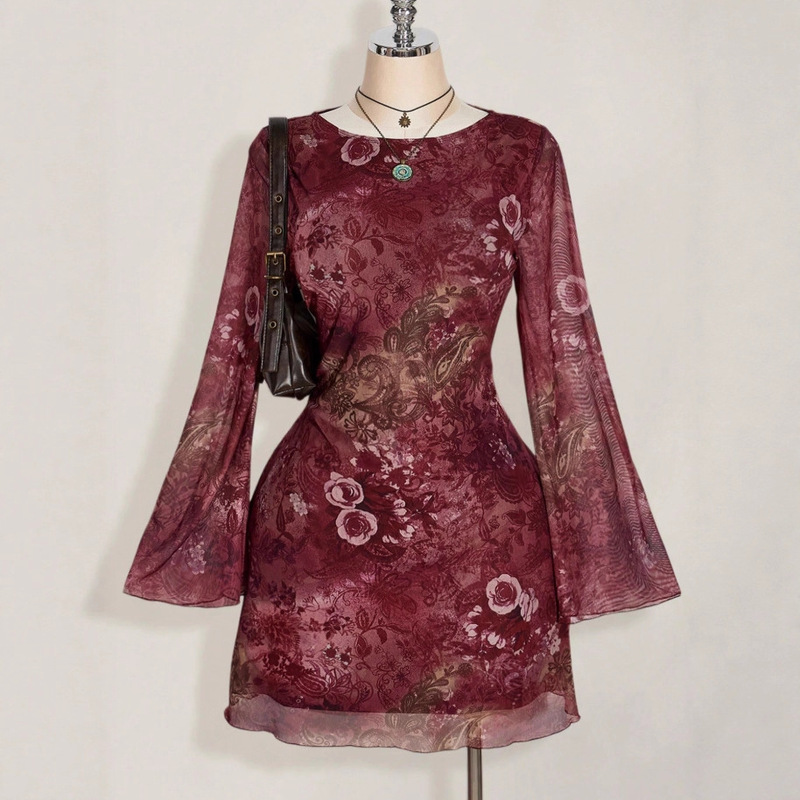 Women's Autumn Dress, Women's Long Sleeve Dress, Retro Paisley Mesh Flared Sleeve Sexy Dress