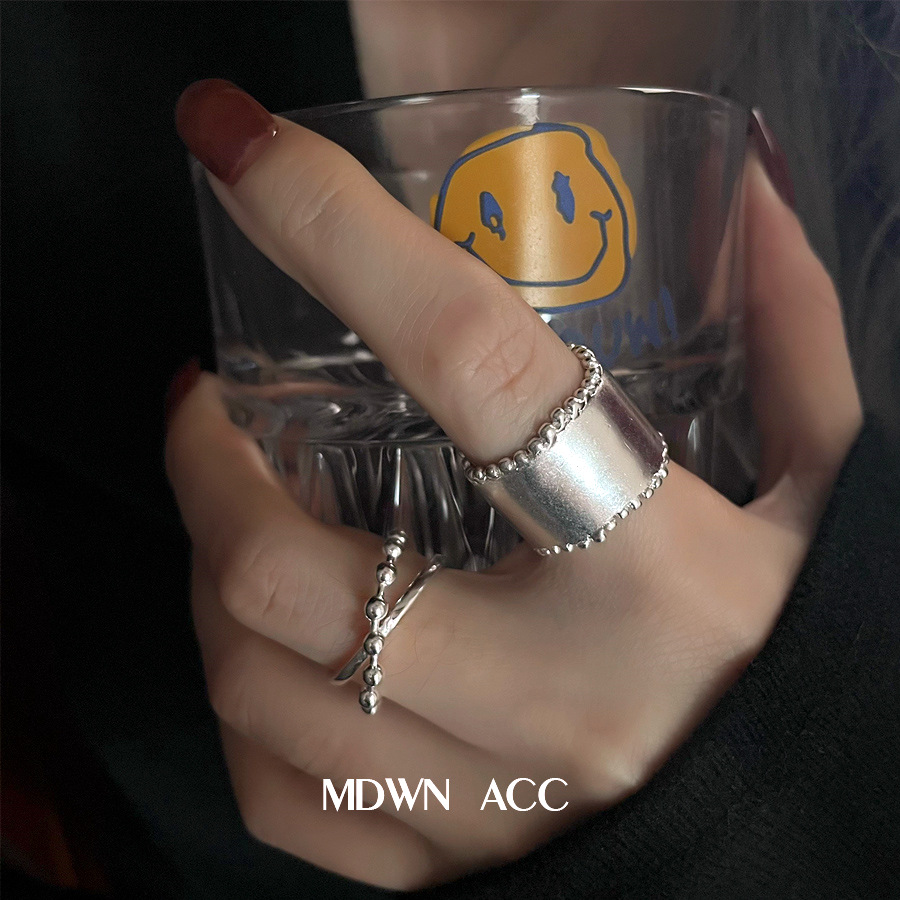 Korean Style S Wide-Brimmed Ring for Women, Retro Fashion, Personalized Round Bead Double-Layer Open Ring, Irregular Index Finger Ring