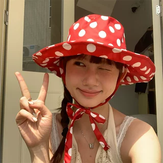 【浪漫波尔卡】俏皮可爱红色波点渔夫帽法式复古绑带设计遮阳盆帽