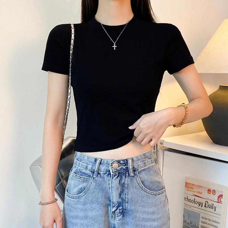Black High-Neck Cropped Short-Sleeve T-Shirt for Women, Summer New Slim Fit Regular Shoulder Short Base Shirt, Slimming Top Trendy Black High-Neck Cropped Short-Sleeve T-Shirt for Women, Summer New Slim Fit Regular Shoulder Short Base Shirt, Slimming Top Trendy