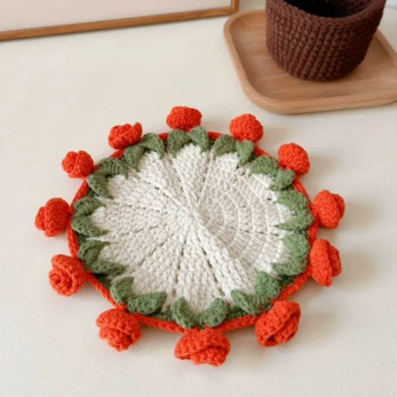 Вязаный крючком букет розы и ландыша ручной работы, коврик для подставки, шерстяной вязаный крючком изоляционный коврик