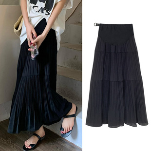 Maternity Pleated Skirt New Summer Slimming Look Design Niche A-Line Belly-Supporting Mid-Length Skirt for Maternity Women