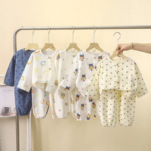 Children's Cartoon Pajamas Baby's Cotton Gauze Home Clothes Boy's Cotton Yarn Nine-point Sleeve Home Clothes Girls' suit