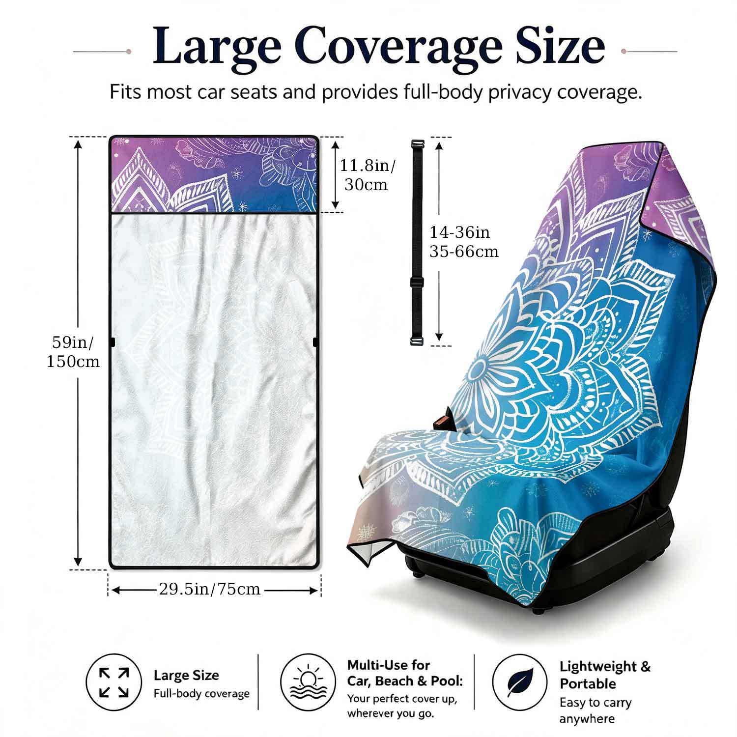 Printed bath towel and car seat cover 2-in-1, ultra-fine fiber outdoor beach and car dual-use universal seat cushion