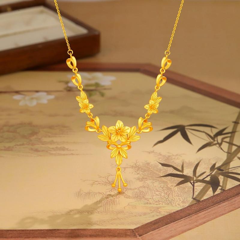 2025 三生花、黄金の花のネックレス、花、国民的トレンド、花と月のタッセル、鎖骨チェーン|undefined