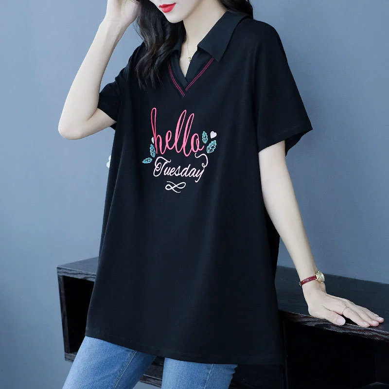 Летняя свободная вязаная спортивная футболка больших размеров для среднего и пожилого возраста с короткими рукавами из изысканного хлопка с воротником POLOV, топ, женская одежда