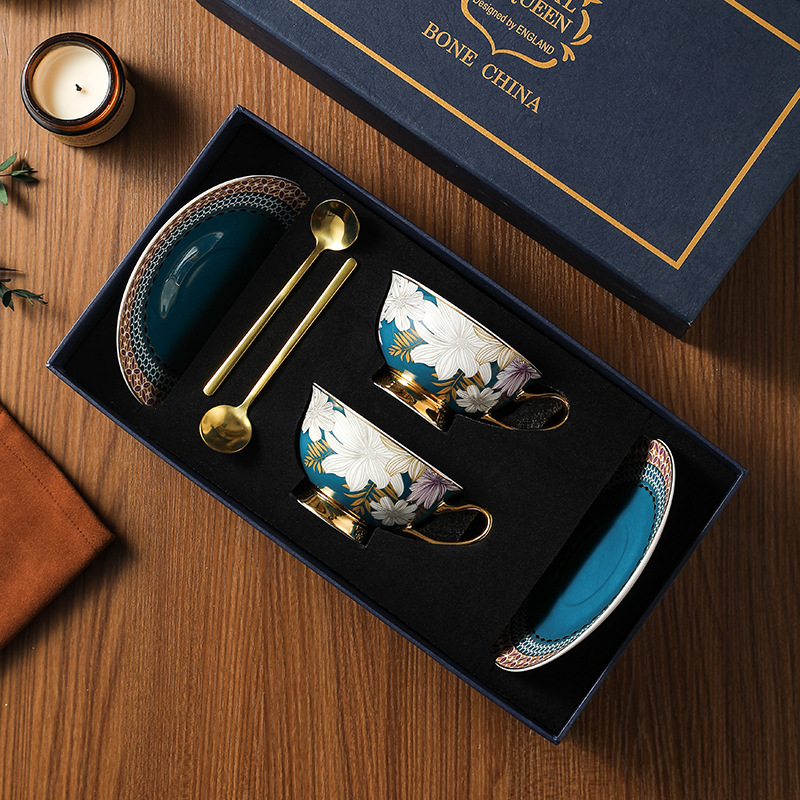 Conjunto de tazas y platos de café de porcelana de hueso, tazas de té de la tarde, caja de regalo de cumpleaños, regalo de boda.