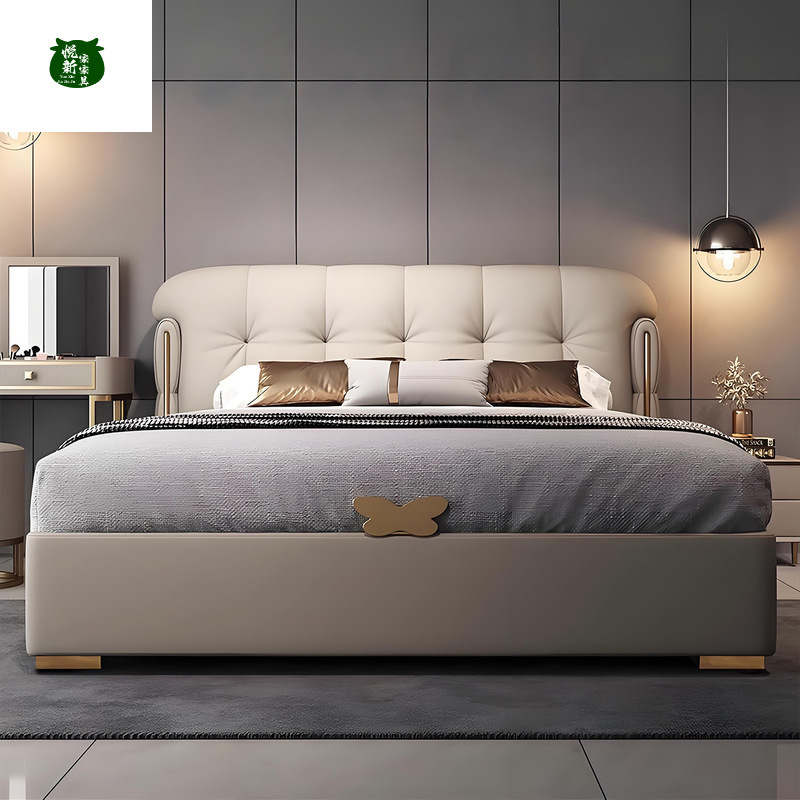 Italian-Style Light Luxury Leather Bed, Master Bedroom Large Bed, Modern Minimalist Luxury with Three Drawers, High-End and Elegant Storage, Soft-Upholstered Wedding Bed
