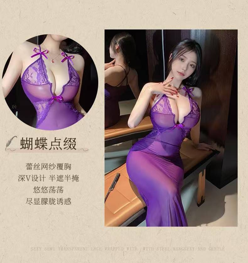 Purple Temptation Deep V Lace Sling Lingerie Set with Sheer Mesh Back — detail image 4