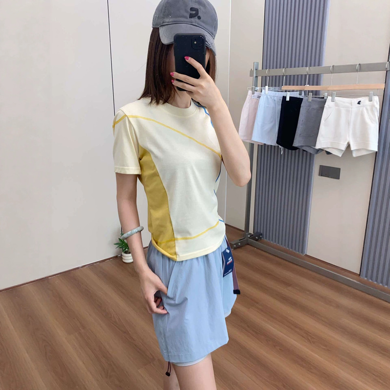 Two-tone double-stitched short-sleeve T-shirt for women, cotton breathable round-neck outdoor cycling casual slim-fit sports top
