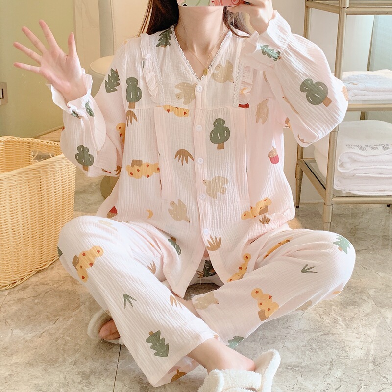 A variety of pregnant women's pajamas spring and autumn plus size cotton crepe monthly clothing spring and summer postpartum nursing clothes sweat-absorbing two-piece set