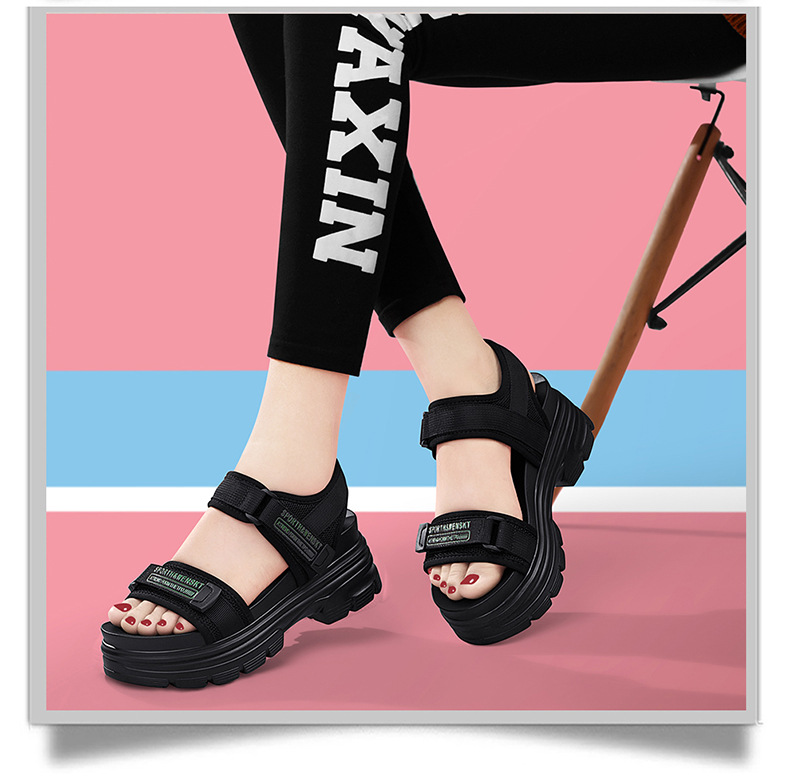 Giày sandal thể thao da thật đế dày nữ gót 4cm quai chữ V khóa dán — JST 1609 cao gót xanh đen 4cm, Đen trắng 2001 LJ, JST 1611 cao gót xanh đen 4cm, 2206 ML màu đen chi tiết 12