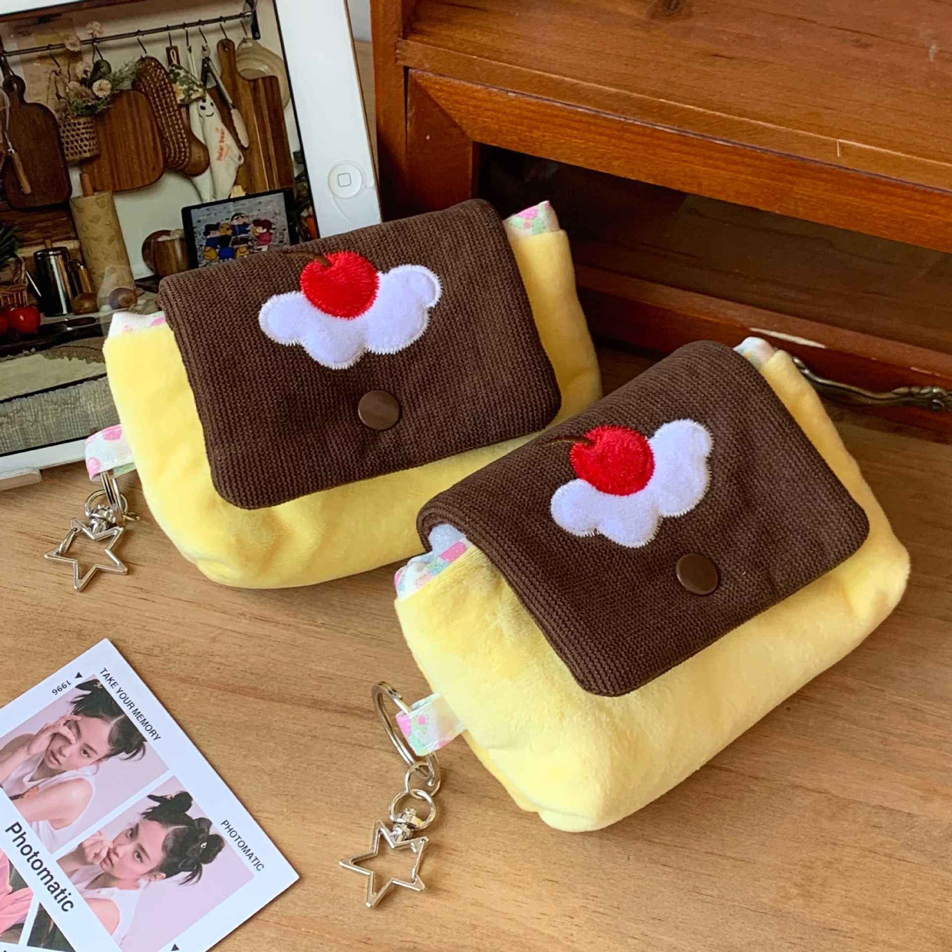 Cute Cherry Pudding Coin Purse Cartoon Mini Plush Portable Small Wallet Multifunctional Storage Card Holder Earphone Bag_maomaolike.com