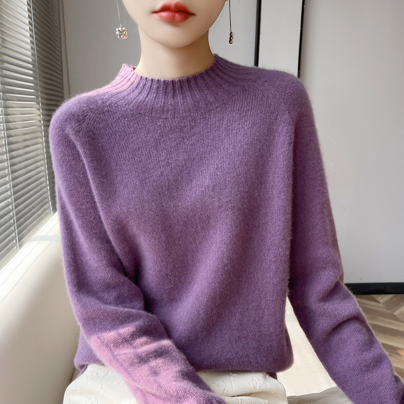 Streaming Seamless One-line Ready-to-wear Wool Sweater For Women Autumn And Winter Raglan Sleeve Sweater Half Turtleneck Wool Bottoming Shirt