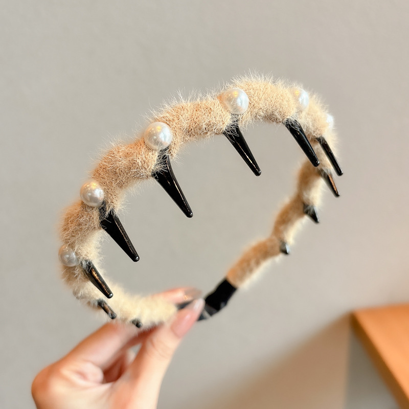 Alto cráneo de lana ondulado banda de cabello para mujeres lavado de cara maquillaje especial banda de cabello con dientes antideslizante acabado de cabello agrupado tocado