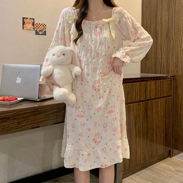 Nube de algodón pijama de primavera y otoño de mujer nuevo tipo con almohadilla de pecho dulce flor triturada pijama de mangas largas princesa ropa de hogar se puede usar fuera