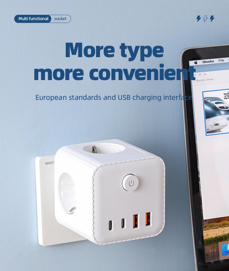 European Standard USB Cube Socket With Night Light/time Display/converter, Compact Multi-functional Power Strip For Home_voghion.com