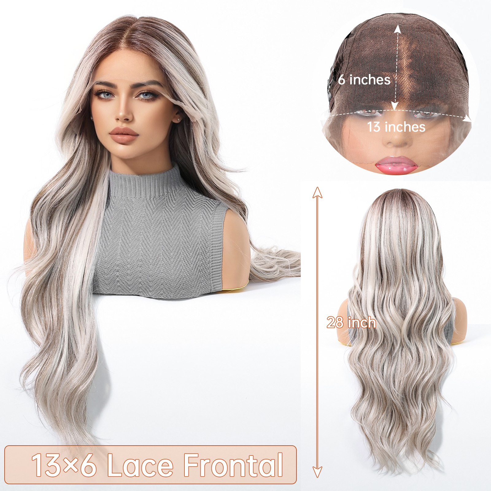 Nuevo producto gradiente gris color popular estilo europeo y americano 13*6 peluca de encaje de área grande costura libre transpirable y cómodo tocado