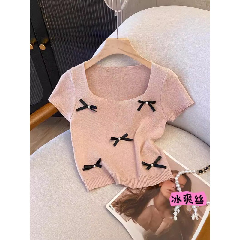 Counter Withdraws Big Brand Cut Label French Square Collar Short-sleeved Knitted Sweater Women's Summer Bow Age-reducing Short Top