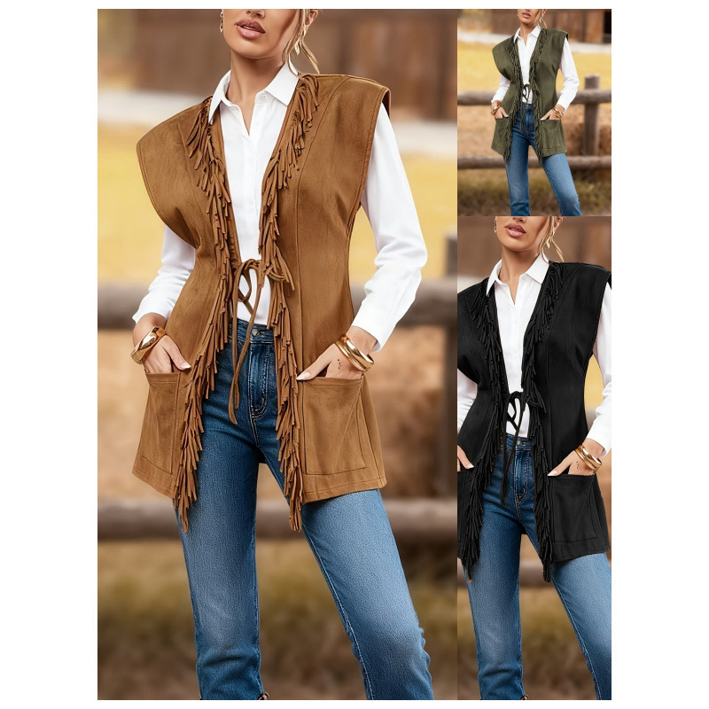 2025 Autumn/Winter Western Cowboy Fashion Vest with Tassels, Women's Loose Lace-Up Casual Jacket in Retro Style