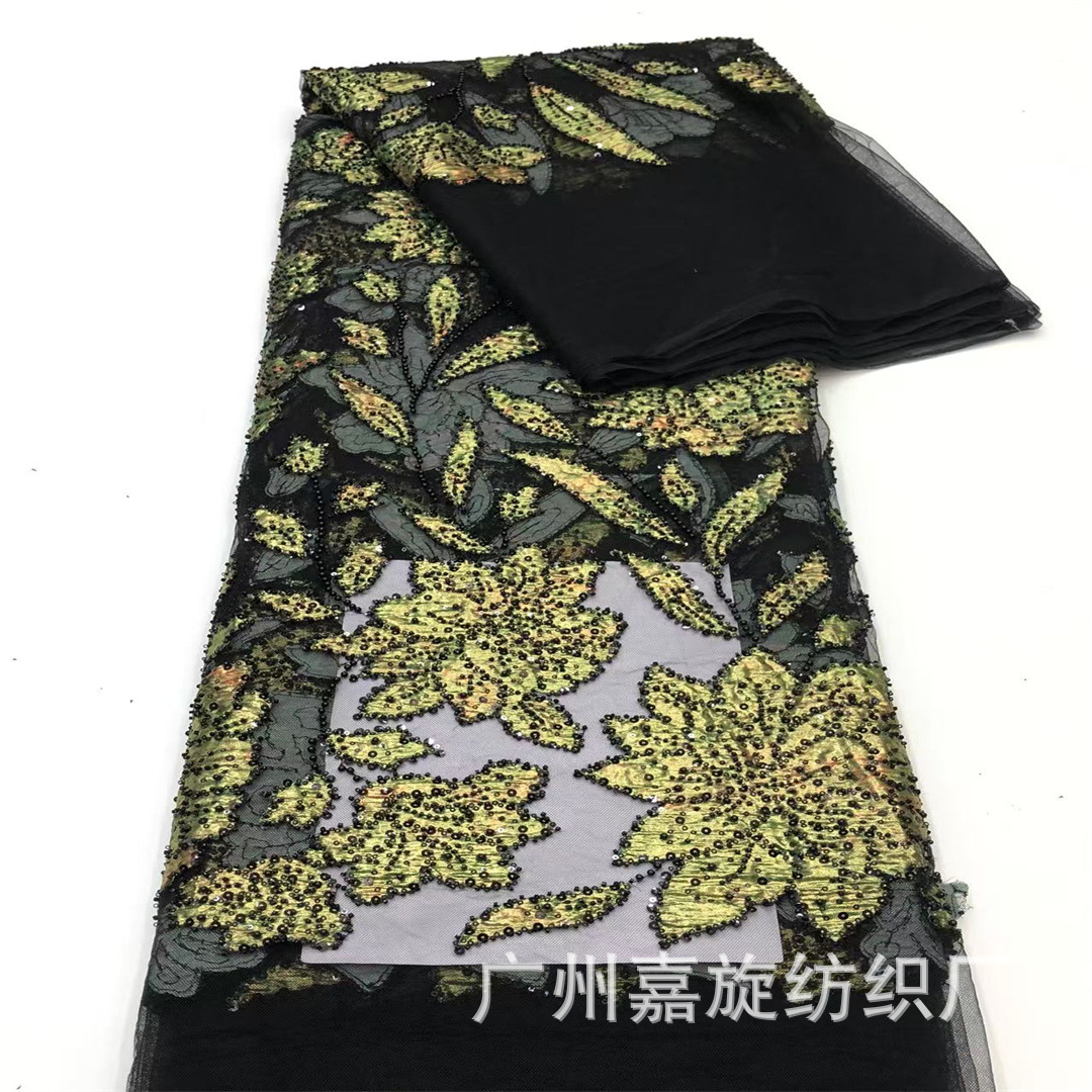 Nuevo oro estampado en relieve flor tubo de perlas sequinado bordado tela de malla vestido de moda turco tela de traje