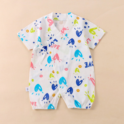 嬰幼兒連體衣夏精梳棉印花韓版嬰兒爬服輕薄透氣男女寶寶短袖和服