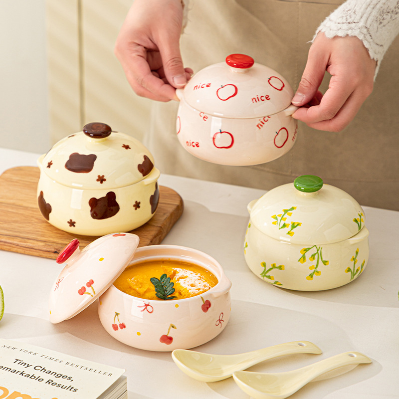 Steamed Egg Bowl with Double Ears and Lid, Special Bowl for Steamed Egg Custard, Ceramic Household Crock Pot, Stew Cup, Soup Cup, Baby Food Supplement