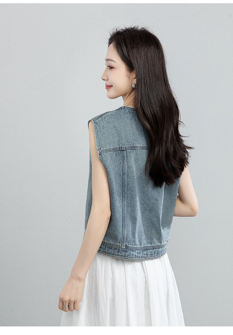 Áo vest denim thêu hoa nữ không tay, phong cách rộng thoải mái — xanh lam chi tiết 22