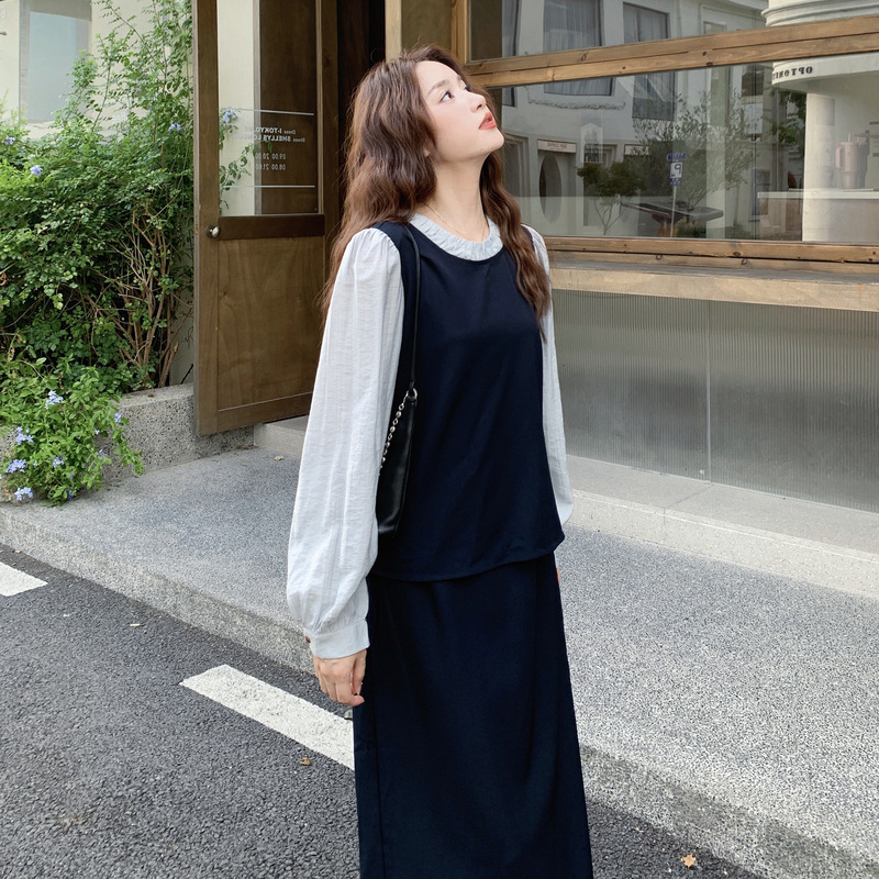深蓝色假两件拼接上衣半身裙套装女2025秋季新款时尚名媛风两件套|undefined