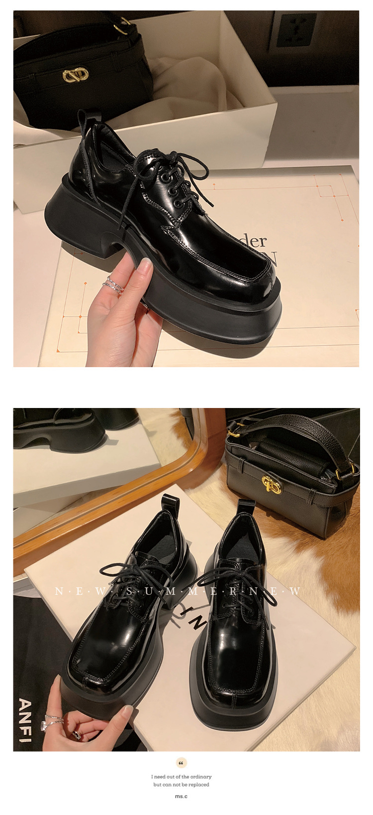 Giày loafer nữ đế xuồng platform da thật buộc dây phối màu đen trắng — màu đen chi tiết 19