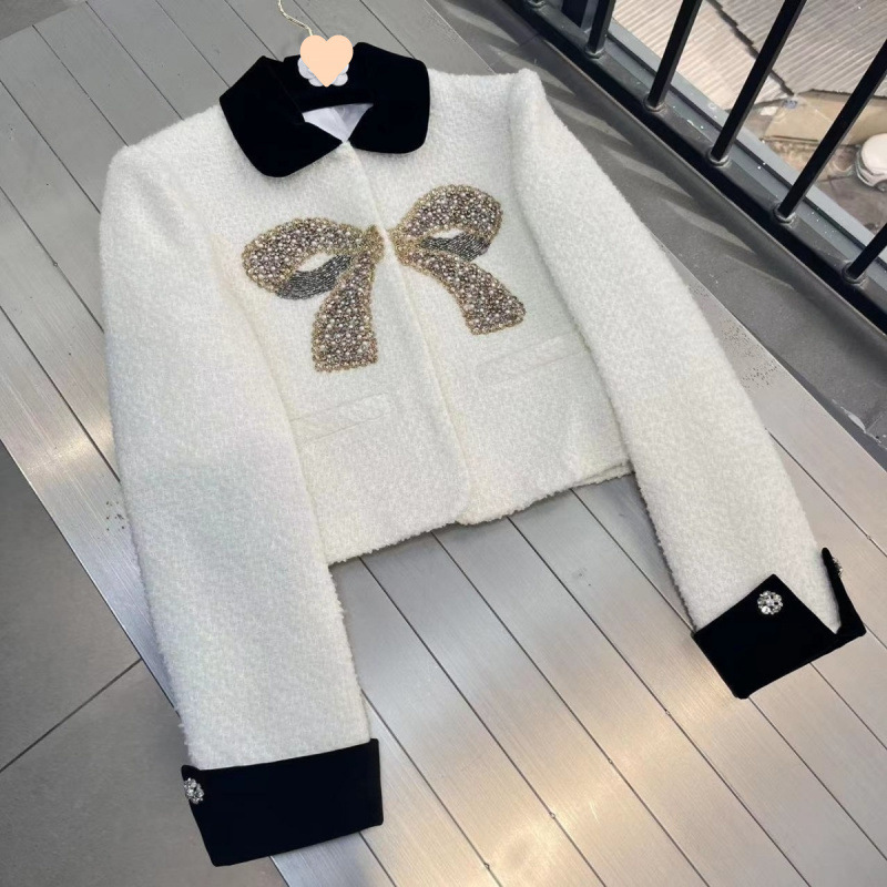 Early Autumn French Style Heavy Bow Beaded Jacket for Women, Socialite Chic Tweed Short Coat