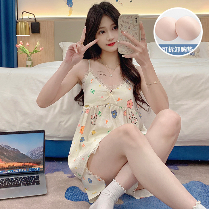 2024 verano nuevo pijama mujer tejido nubes de algodón cinturón cojín de pecho cabina niña dulce y fresco conjunto de ropa para el hogar